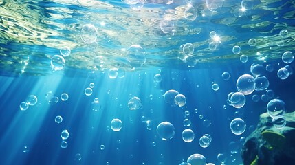 Beautiful air bubbles in underwater sea light rays shine. Tropical background concept. Generative AI