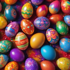 Fototapeta na wymiar vividly colored Easter eggs in mid-explosion with droplets of paint spraying out
