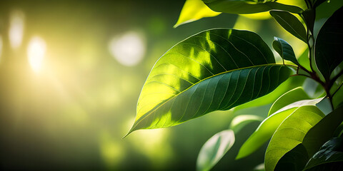 Close up of nature view green leaf on blurred greenery background under sunlight with bokeh and copy space using as background natural plants landscape, ecology wallpaper or cover conc. Generative AI.