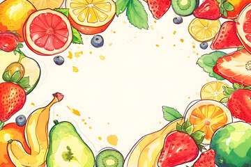 Cute cartoon Fruit frame border on background in watercolor style.