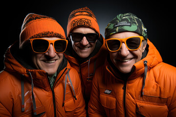 Sunlit Harmonies: Three Men in Orange Jackets and Sunglasses Strike a Captivating Pose