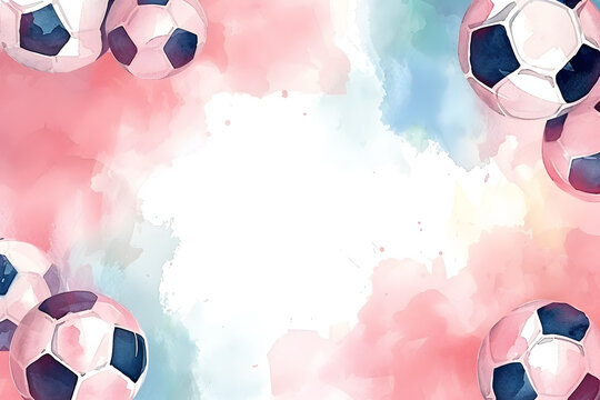 Cute cartoon football frame border on background in watercolor style.