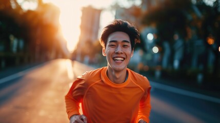 Young runner asian runner man with healthy toothy smile in bright orange sporty jacket running in...