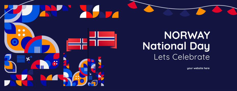 Norwegian Constitution Day banner in colorful modern geometric style. Happy Norway national independence day greeting card cover with typography. Vector illustration for celebrating national holidays - Powered by Adobe