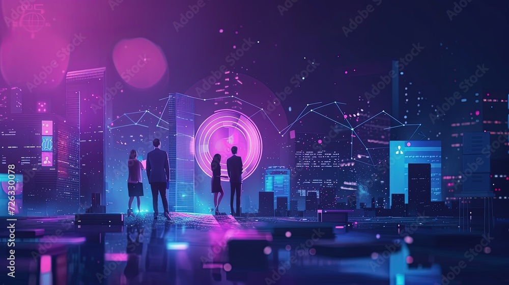 Poster a couple stands before a glowing portal, poised to step into a neon-lit futuristic cityscape with dy