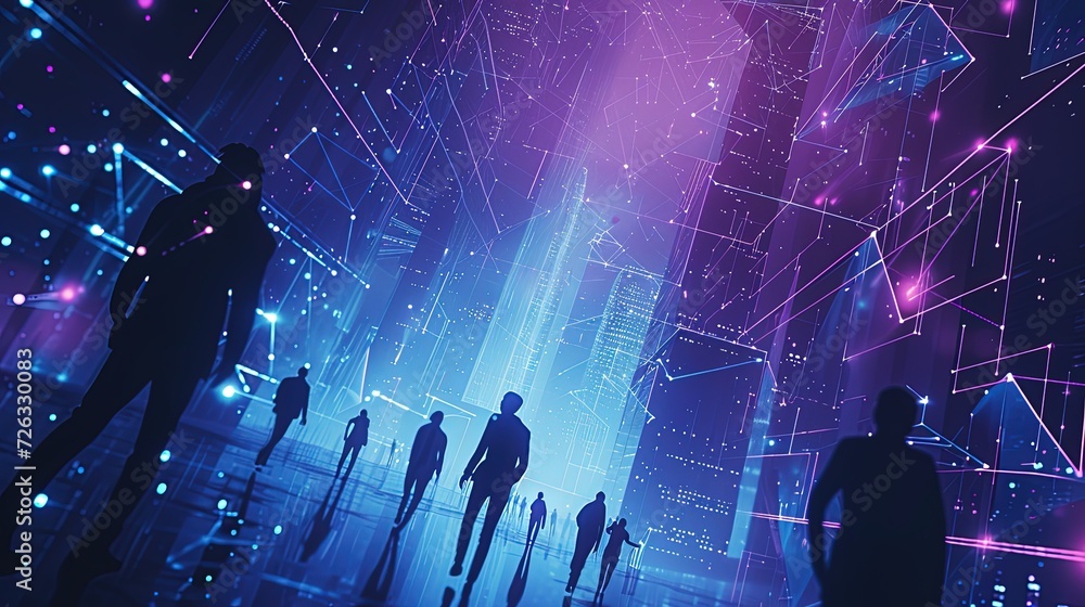 Poster silhouetted figures navigate through a vibrant, futuristic business environment with digital network