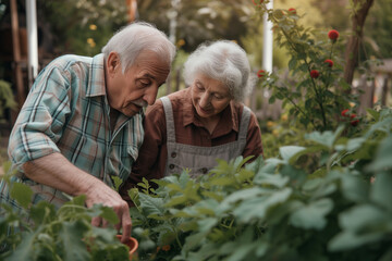Fototapeta premium Elderly senior couple harvesting herbs in garden during summer 
