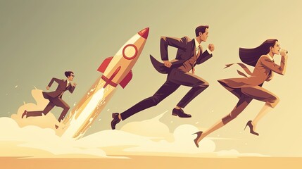 Illustration of a motivated business team in a race, chasing a soaring rocket, representing the pursuit of rapid growth and success. - obrazy, fototapety, plakaty