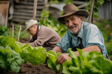 Fototapeta premium Elderly senior men harvesting herbs in garden during summer 
