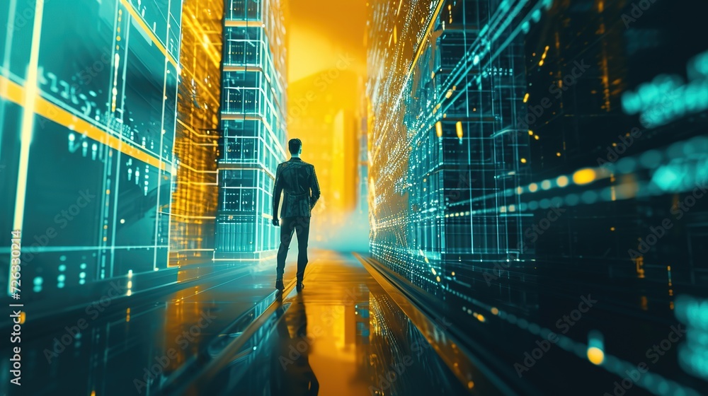 Aufkleber a lone man stands in the corridor of a futuristic server room, surrounded by racks of glowing data s