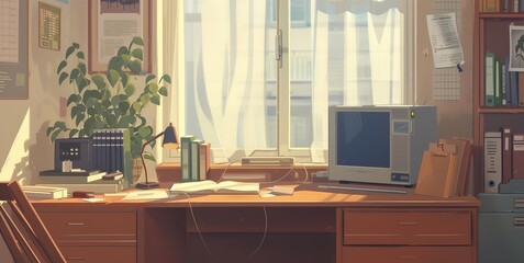 A sunlit home office from yesteryears with an old-school computer, green houseplants, and a view of the city through large windows.