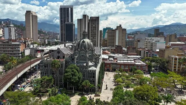 Rafael Uribe Uribe Palace of Culture in Downtown Medellin, Aerial Hyperlapse