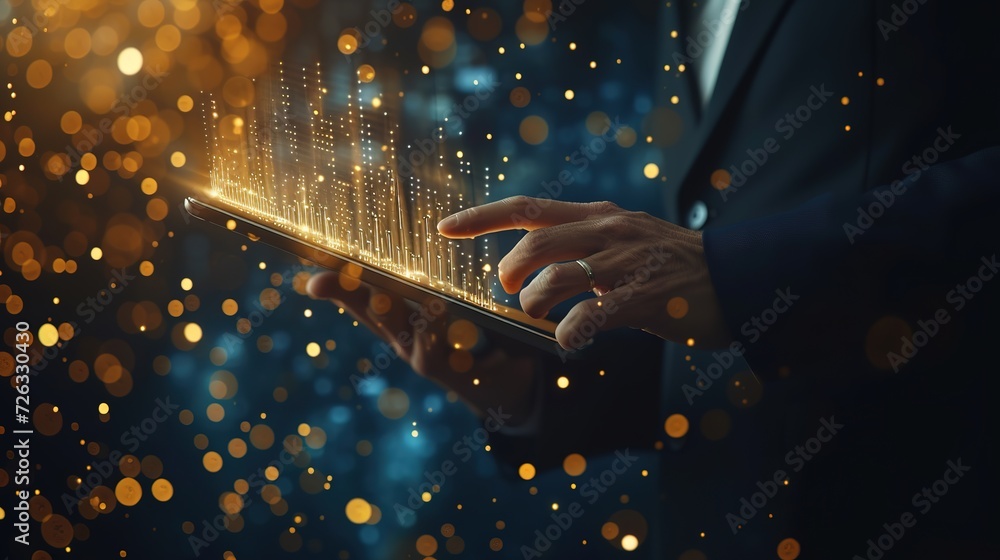 Poster a businessman interacts with a holographic data visualization emanating from a tablet, highlighting 