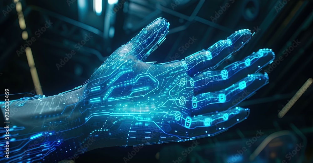 Poster a highly detailed cybernetic hand with intricate circuitry patterns is showcased, representing cutti