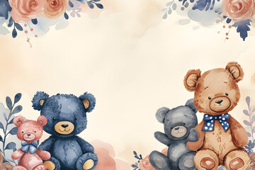 Cute cartoon toys for kids frame border on background in watercolor style.