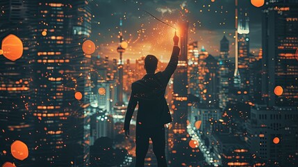Fototapeta premium A silhouette of an inspired leader holding a sparkler, symbolizing innovative ideas against the energetic backdrop of a city's night skyline.