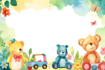 Cute cartoon toys for kids frame border on background in watercolor style.