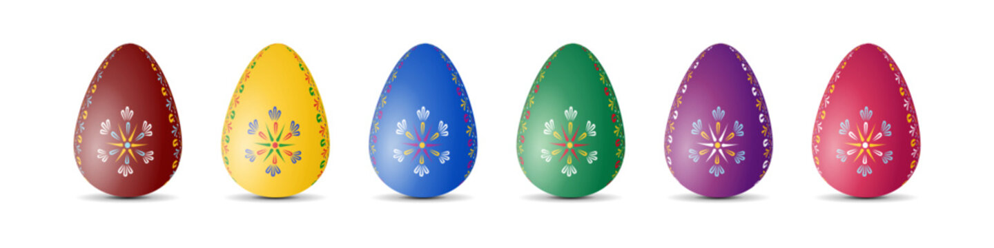 Set of colourful painted Easter eggs Easter adorned with different coloured flowers and other decorative ornaments. Vector design, 3D style template, isolated on transparent background, illustration.