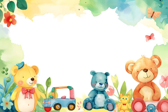 Cute Cartoon Toys For Kids Frame Border On Background In Watercolor Style.