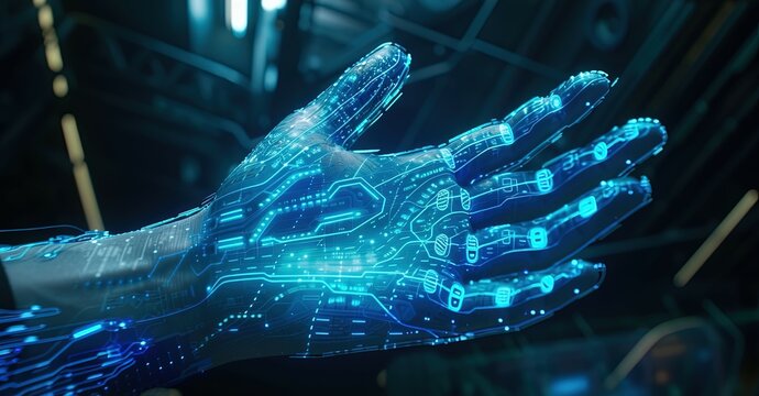 A highly detailed cybernetic hand with intricate circuitry patterns is showcased, representing cutting-edge technology and human-machine integration.