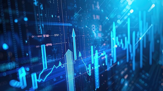 This stock image showcases a dynamic representation of the stock market data with rising arrows and graphs against a glowing blue background, symbolizing financial growth and analysis.