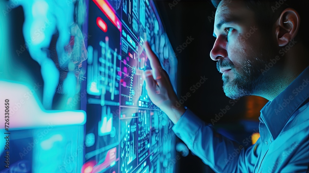Poster a tech expert is deeply engaged with a futuristic graphical user interface, interacting with advance