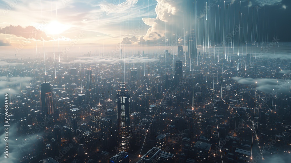 Poster a stunning futuristic cityscape at dusk, illuminated by vertical data stream lights, symbolizing the