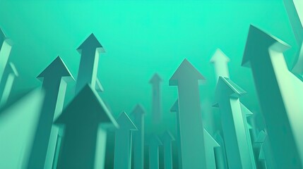 Multiple turquoise arrows soaring upward against a soft teal background, creating a visual metaphor for growth, ambition, and positive trends.