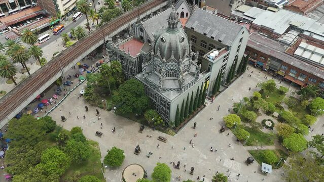 Beautiful Architecture of Famous Palace Cathedral in Medellin, Columbia, Aerial