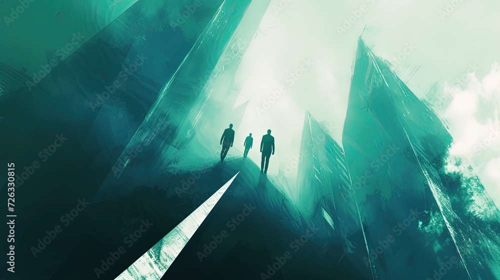 Poster three silhouetted figures embark on a futuristic journey along an upward pointing arrow amidst abstr