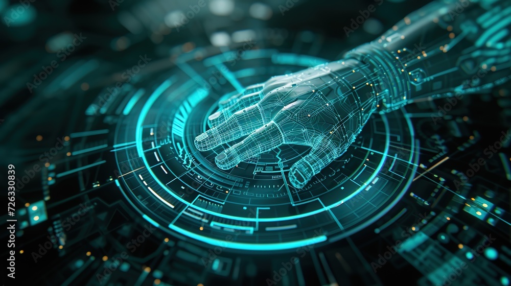 Poster a cybernetic hand rendered in a wireframe design engages with a complex virtual interface, illustrat