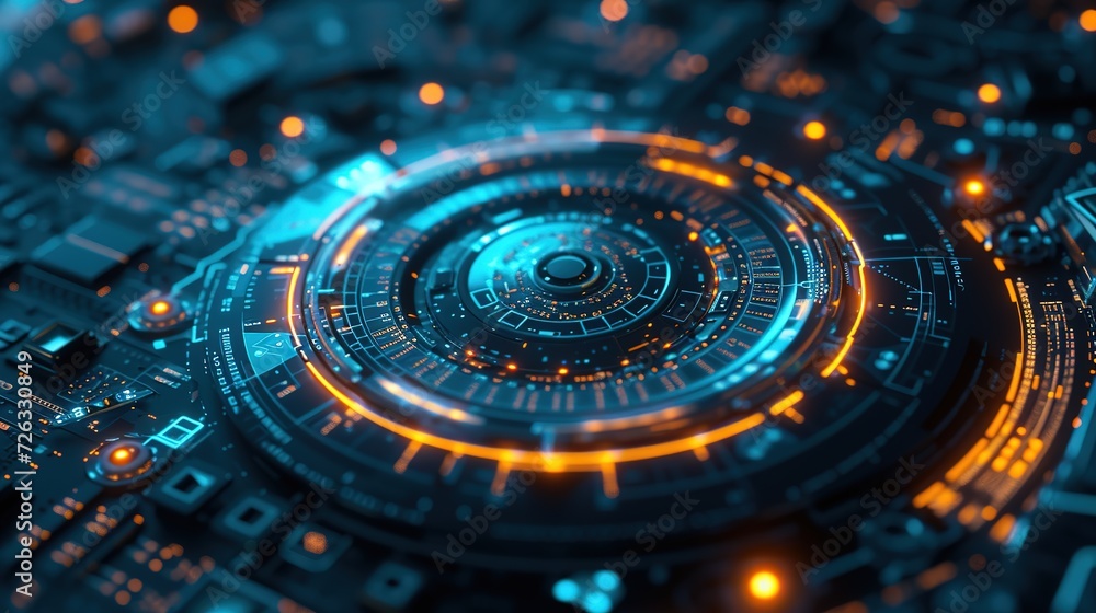 Poster a detailed view of an advanced circuit board forming a circular interface with glowing elements, sho