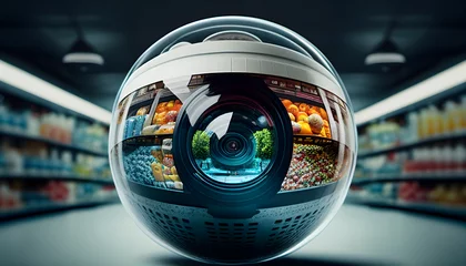 Tuinposter Close-up of a security camera's lens reflecting panorama of supermarket. Generative AI. © mfz