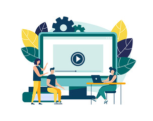 Fototapeta premium Educational webinar. Digital audience, Online class. The concept of modern education with a personal teacher. Vector illustration for landing page template.
