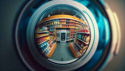 Close-up of a security camera's lens reflecting panorama of supermarket. Generative AI. - obrazy, fototapety, plakaty
