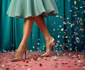 Legs of a woman in colorful high heel shoes with confetti falling