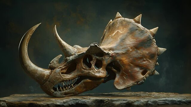 A triceratops skull with a severe abscess on its jaw suggesting a possible or injury that could have impacted its ability to eat.