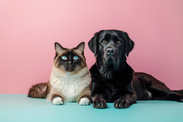 Cute funny dog and cat on pastel background.