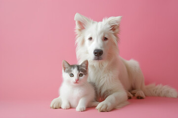 Fototapeta na wymiar Cute funny dog and cat on pastel background.