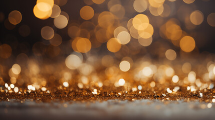 Fototapeta na wymiar Festive abstract golden background with bokeh defocused glitter lights. Glinting gold specks and radiant hues. Christmas and New Year concept.