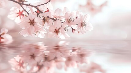 A spring cherry blossom scene, delicate pink sakura flowers, a tranquil pond reflecting the blossoms, serene and poetic atmosphere