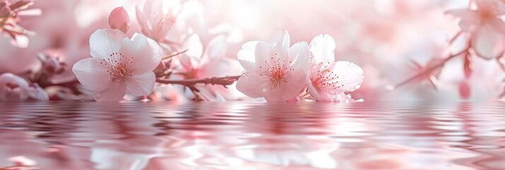 Serene banner of pink cherry blossoms over tranquil pond, reflecting spring poetic beauty. Spring background with copy space
