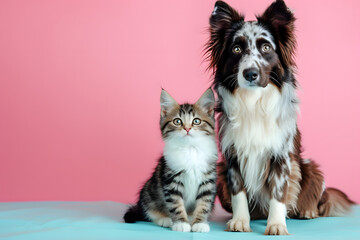 Cute funny dog and cat on pastel background.