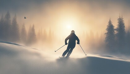 silhouette of a skier flying through the snow in dense fog, sun in the background
