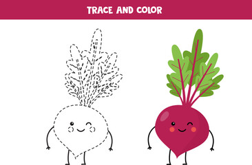 Trace and color cute beetroot. Printable worksheet for children.