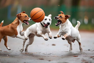 Funny dogs with teamwork plays basketball.