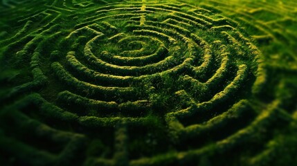 Naklejka premium Drone point of view of grass labyrinth on field. Landscape with beautiful textures in the background