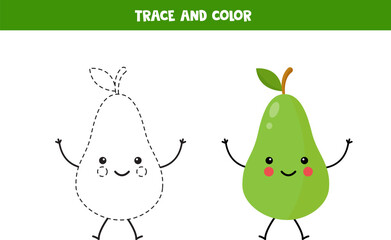 Trace and color cute green pear. Printable worksheet for children.