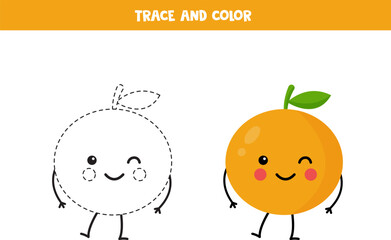 Trace and color cute orange. Printable worksheet for children.