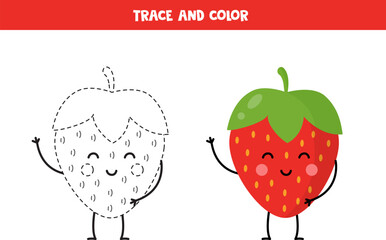 Trace and color cute strawberry. Printable worksheet for children.